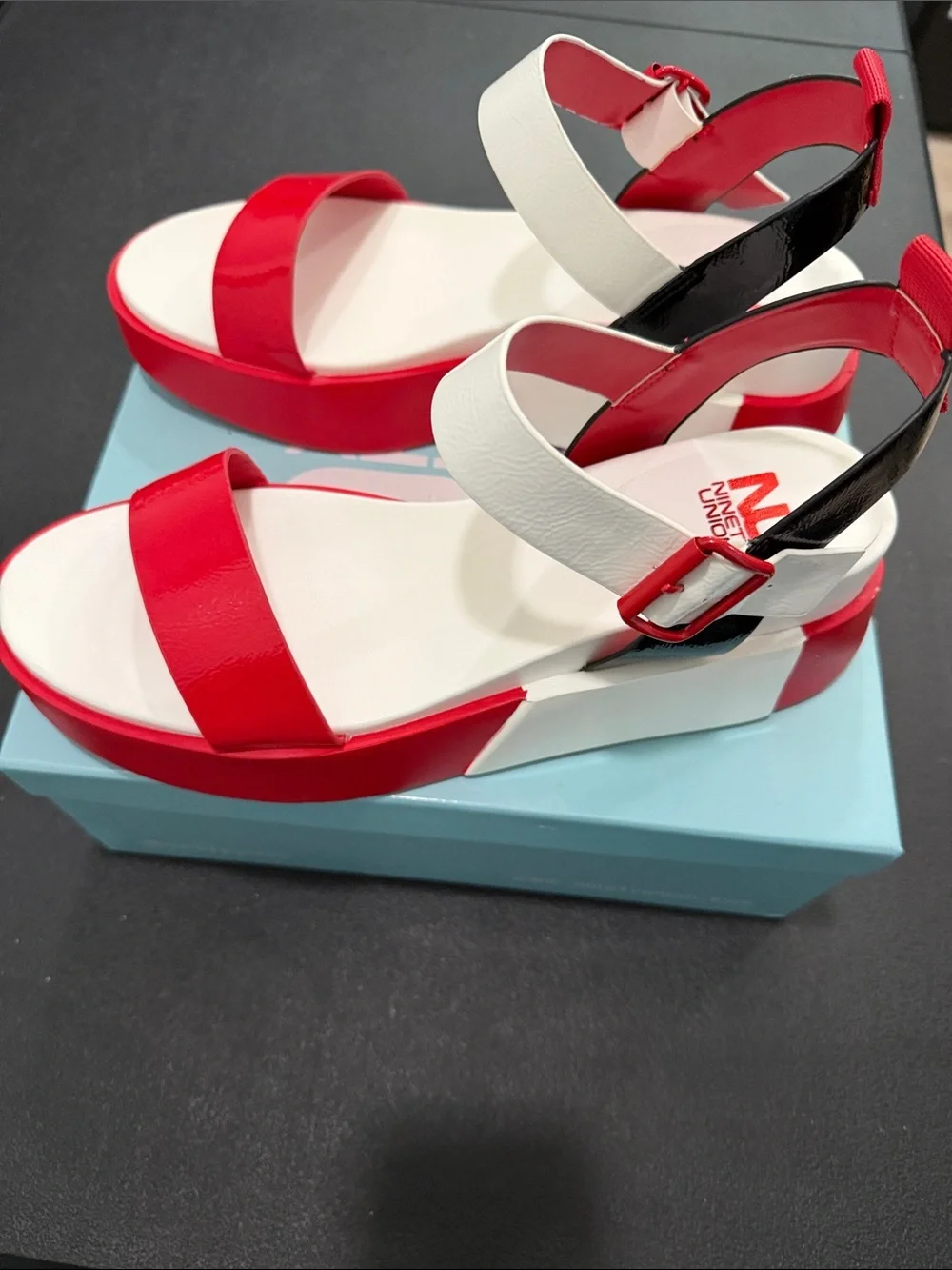 Red, white, and black Ninety Union NU wedge sandals women’s HTF size 13